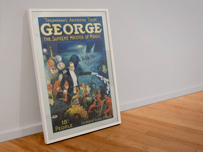 George the Supreme Master of Magic poster in a white frame leaning against a wall
