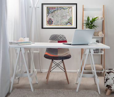 Germany 1570 Ortelius Map framed above a white desk in a home office
