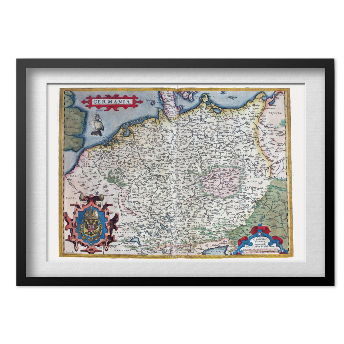 Germany 1570 Ortelius Map print in a black frame