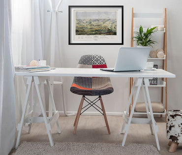 Gettysburg 1863 Battlefield Map print framed above a white desk in a home office