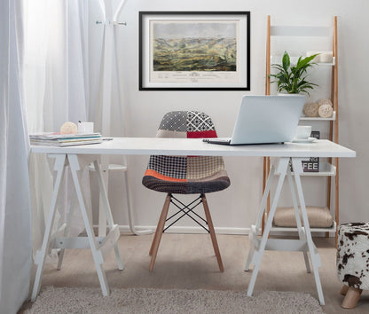 Gettysburg 1863 Battlefield Map print framed above a white desk in a home office