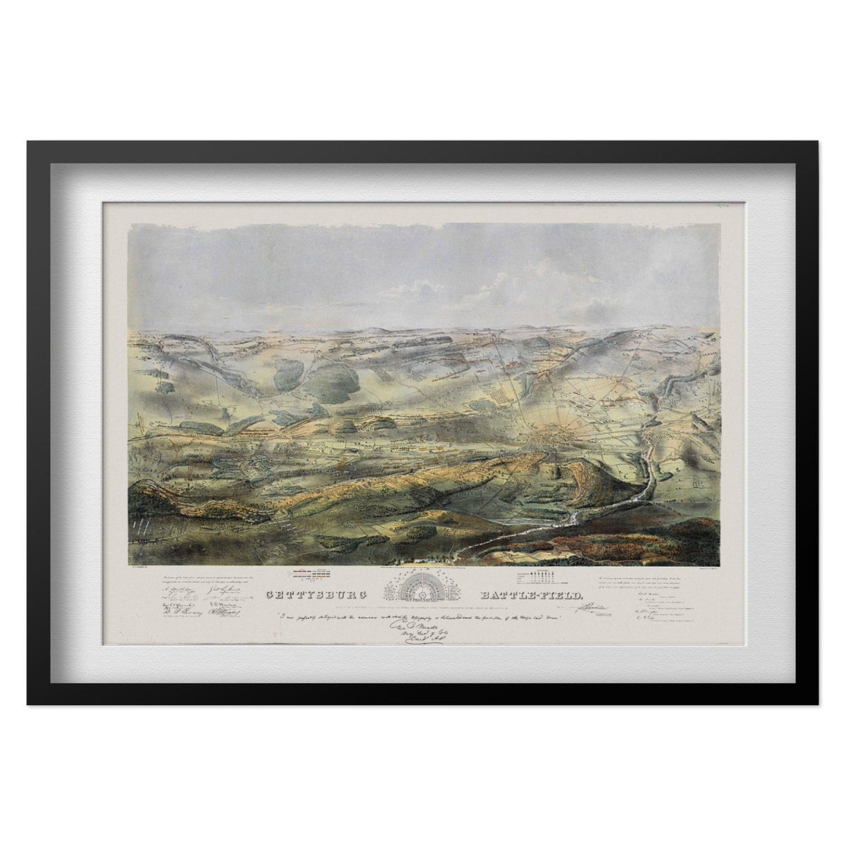 Gettysburg 1863 Battlefield Map print in a black frame with a white mat