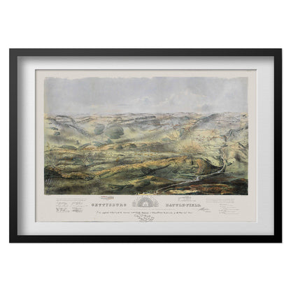 Gettysburg 1863 Battlefield Map print in a black frame with a white mat
