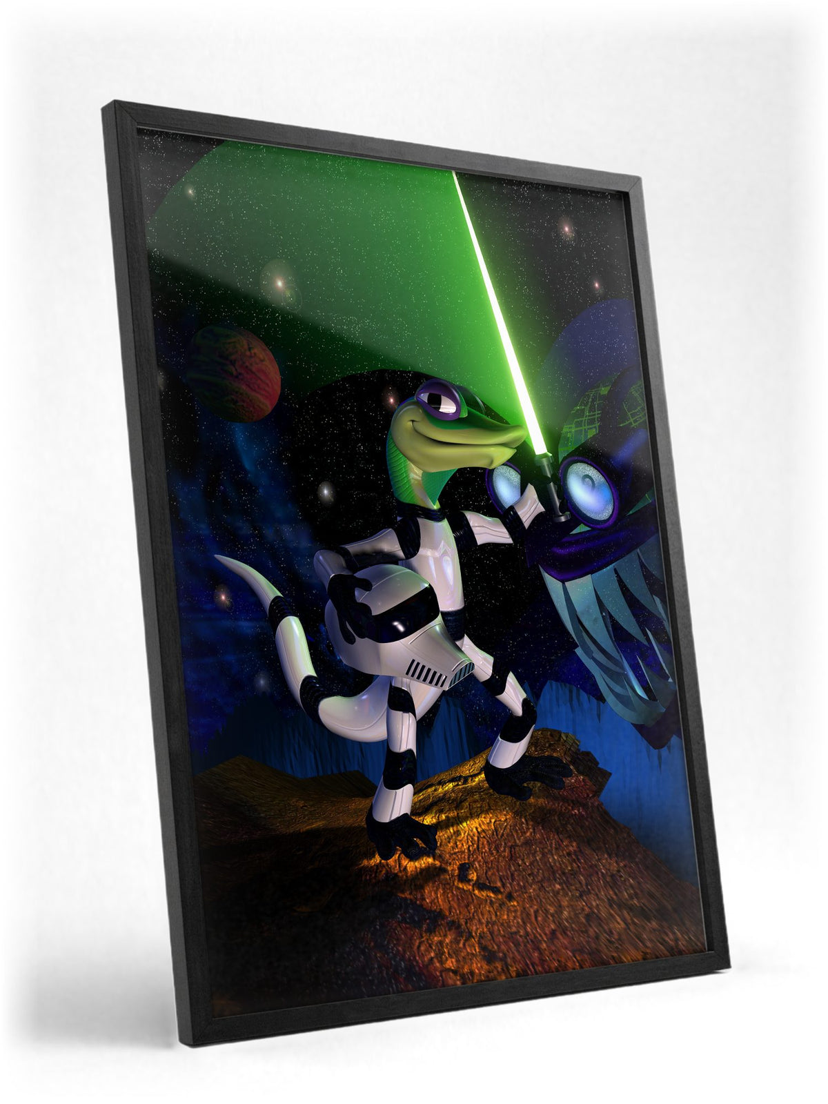 Gex: Enter the Gecko Space Art poster in a black frame with glass leaning against a wall