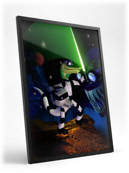 Gex: Enter the Gecko Space Art poster in a black frame with glass leaning against a wall