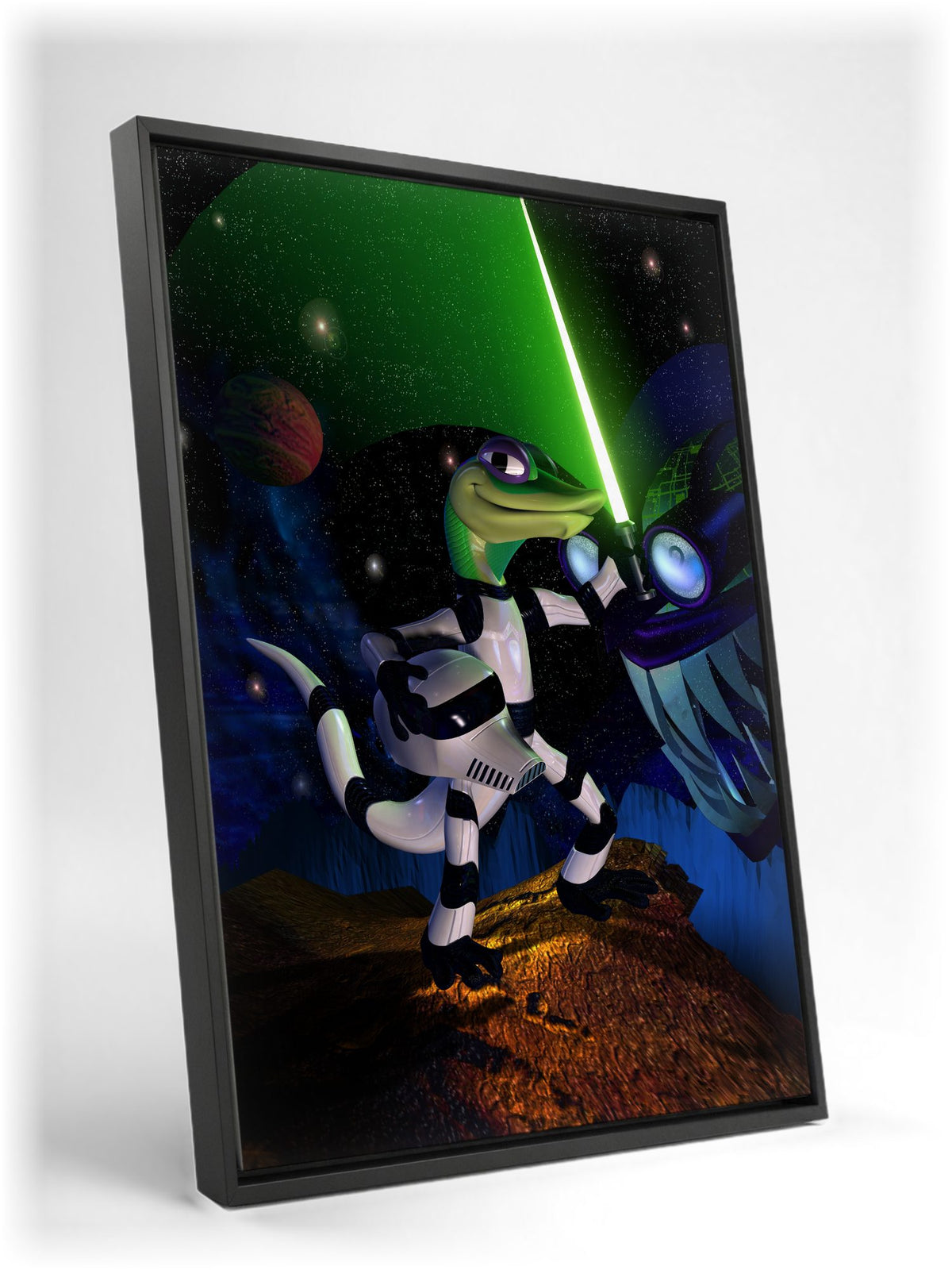 Gex: Enter the Gecko Space Art as a black floater framed canvas leaning against a wall