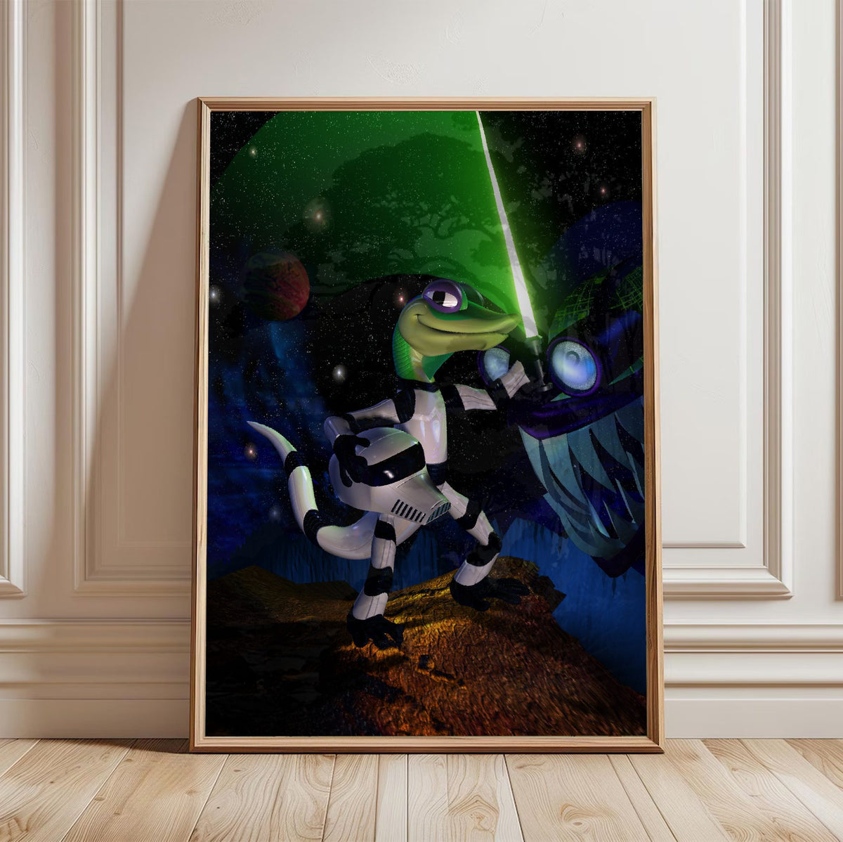 Gex: Enter the Gecko Space Art poster in a light oak frame leaning against a white wall