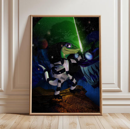 Gex: Enter the Gecko Space Art poster in a light oak frame leaning against a white wall