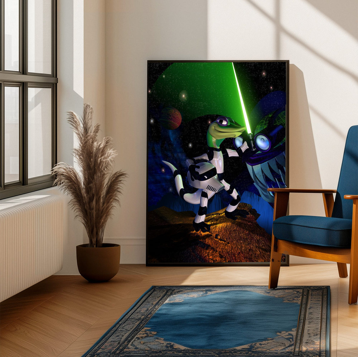 Gex: Enter the Gecko Space Art poster framed beside a blue armchair in a sunlit room