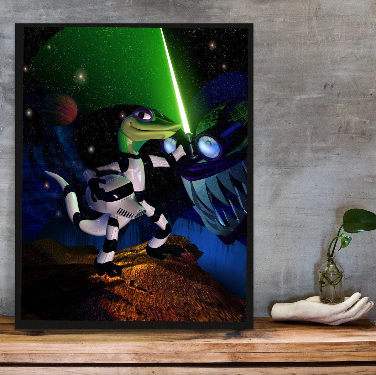Gex: Enter the Gecko Space Art poster in a black frame on a wooden shelf against concrete