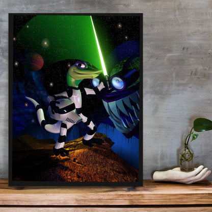 Gex: Enter the Gecko Space Art poster in a black frame on a wooden shelf against concrete