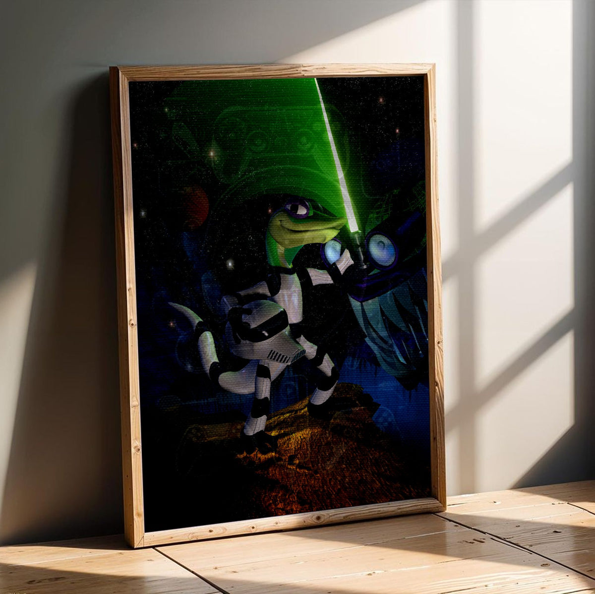 Gex: Enter the Gecko Space Art poster in an oak frame leaning on a wooden floor