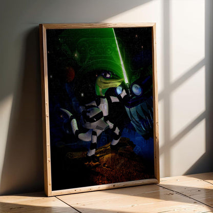 Gex: Enter the Gecko Space Art poster in an oak frame leaning on a wooden floor
