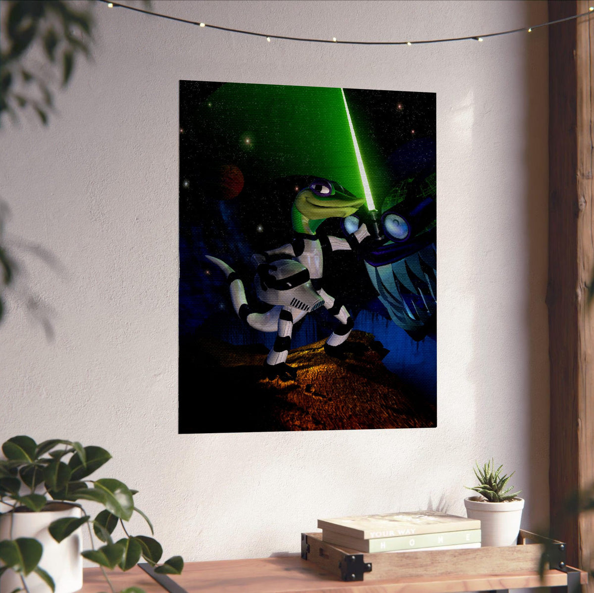 Gex: Enter the Gecko Space Art poster unframed on a white wall above a desk