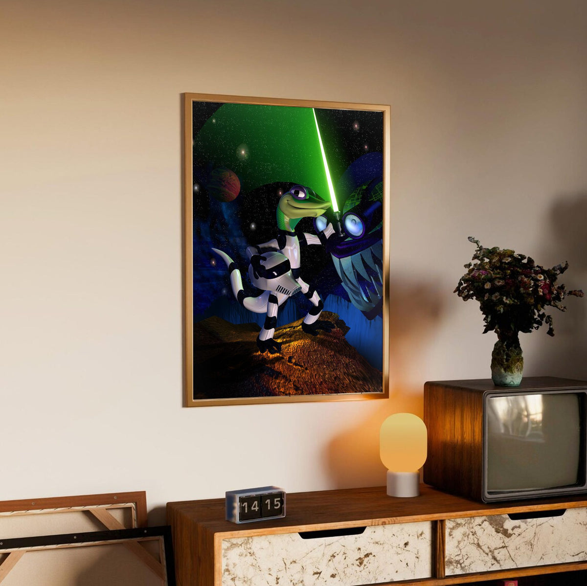 Gex: Enter the Gecko Space Art poster in an oak frame above a sideboard
