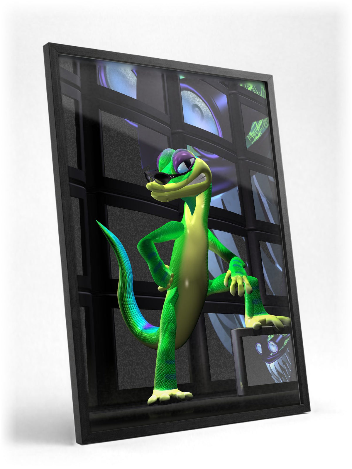 Gex: Enter the Gecko TV Wall Art poster in a black frame with glass leaning against a wall