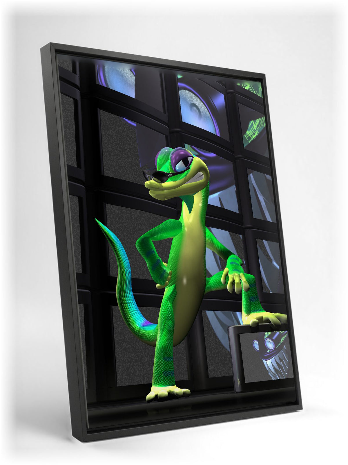 Gex: Enter the Gecko TV Wall Art as a black floater framed canvas leaning against a wall