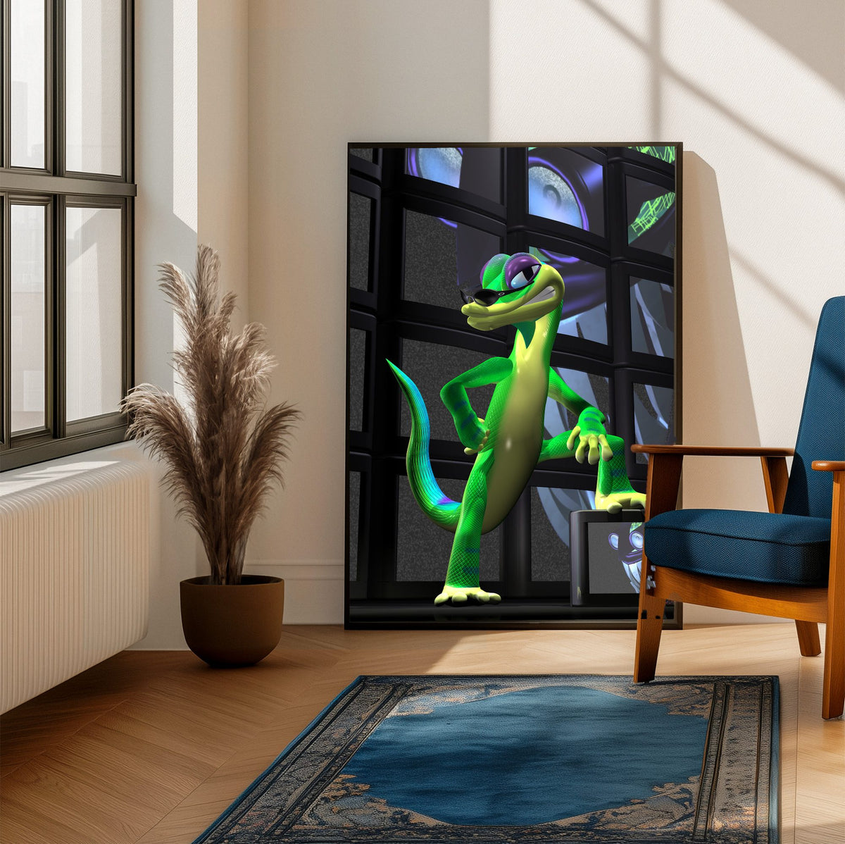 Gex: Enter the Gecko TV Wall Art poster framed beside a blue armchair in a sunlit room