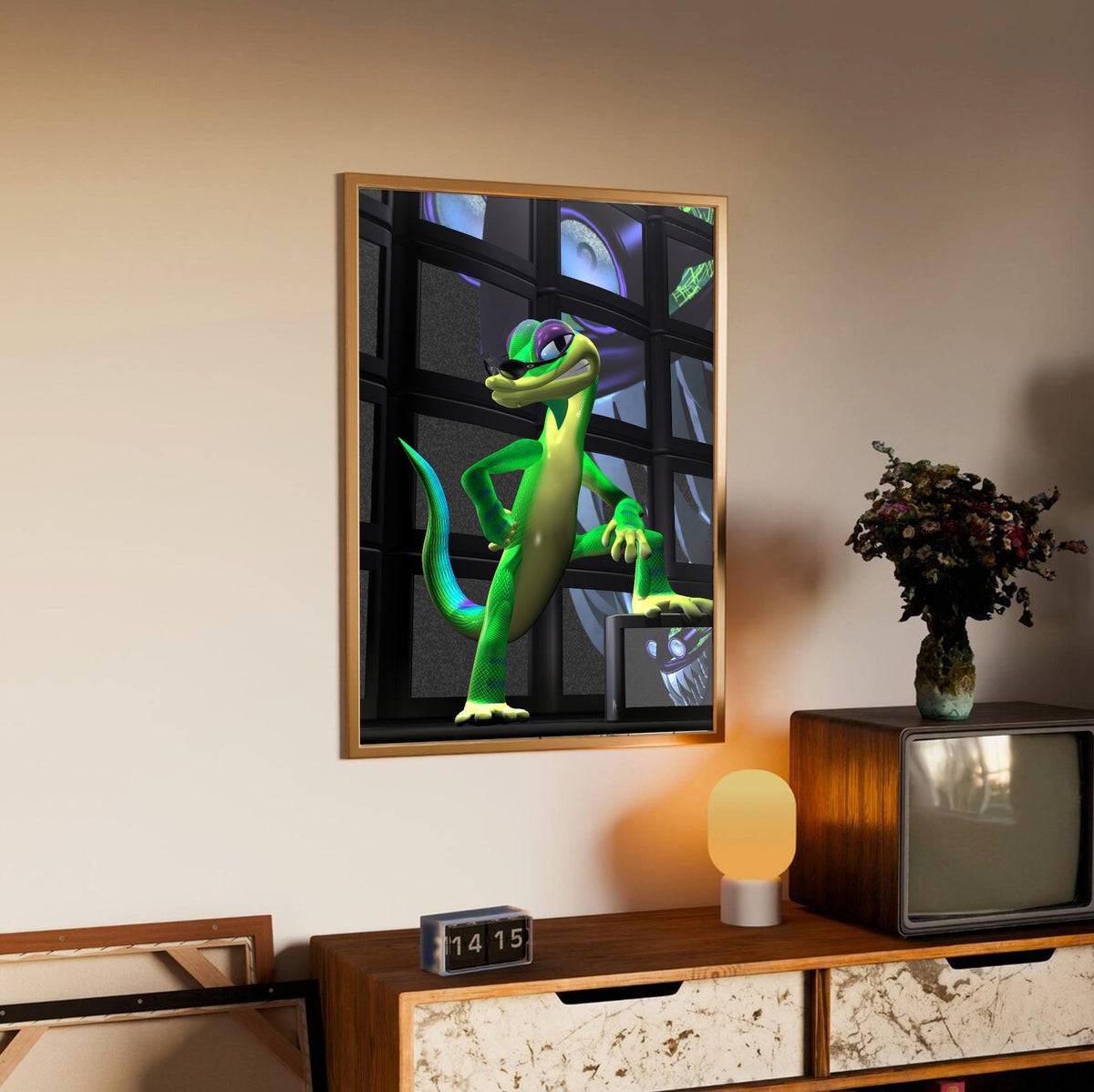 Gex: Enter the Gecko TV Wall Art poster in an oak frame above a sideboard