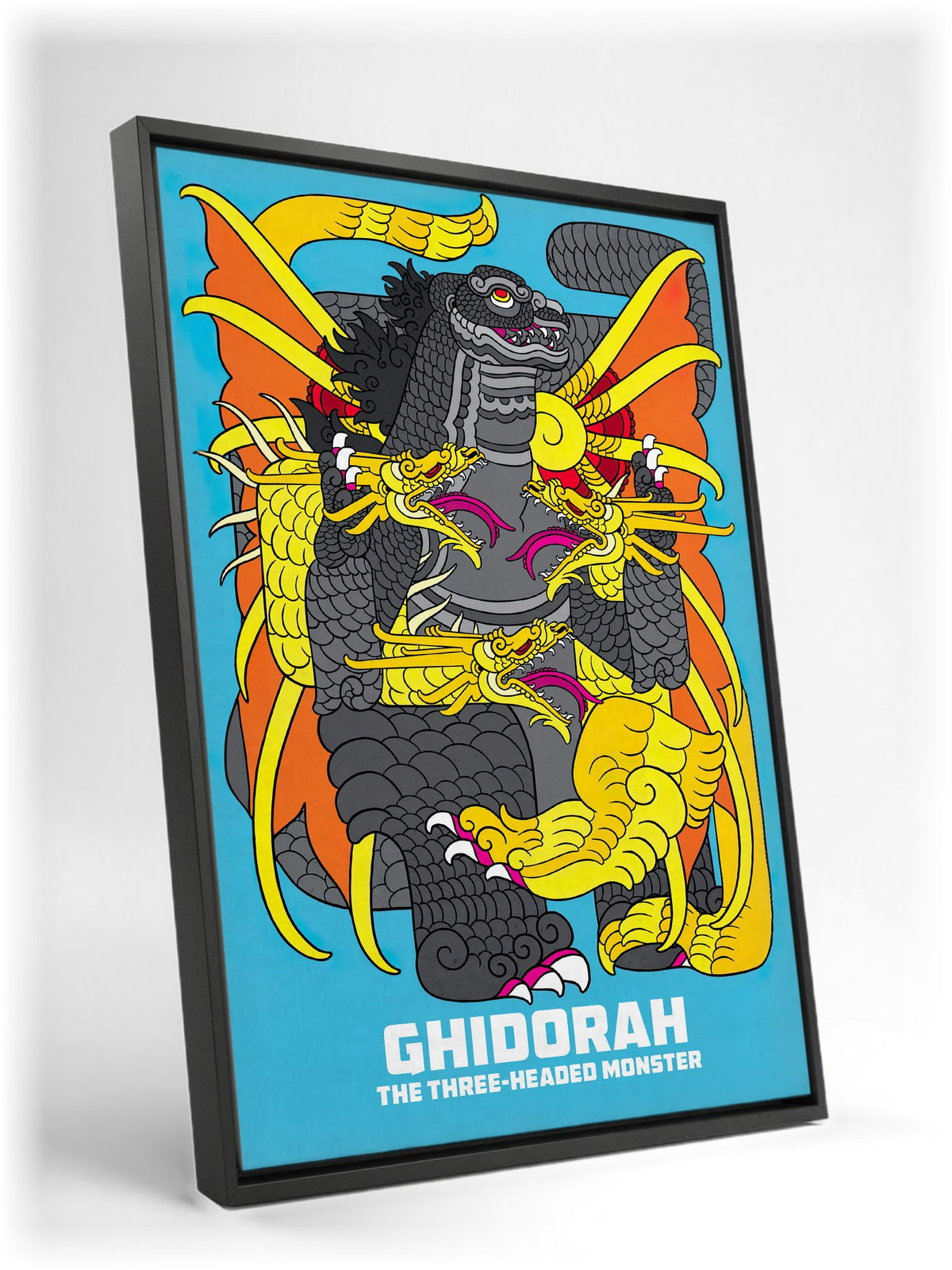 Ghidorah, the Three-Headed Monster (1964) Movie Illustrated Art as a black floater framed canvas leaning against a wall