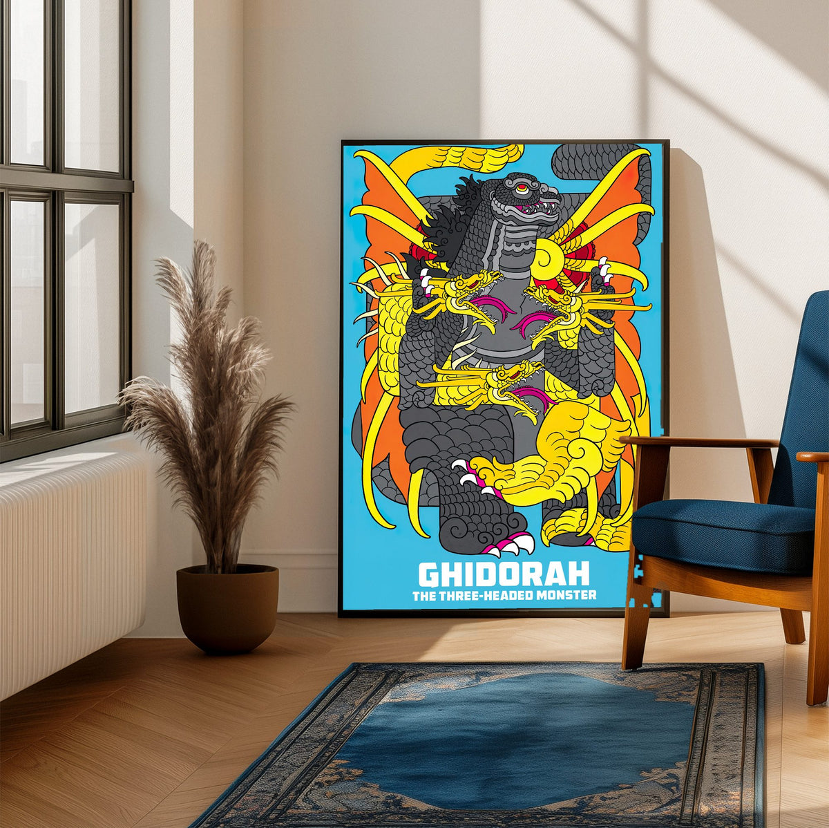 Ghidorah, the Three-Headed Monster (1964) Movie Illustrated Art poster framed beside a blue armchair in a sunlit room
