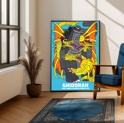 Ghidorah, the Three-Headed Monster (1964) Movie Illustrated Art poster framed beside a blue armchair in a sunlit room