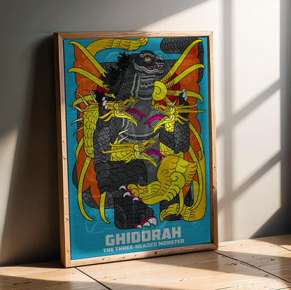 Ghidorah, the Three-Headed Monster (1964) Movie Illustrated Art poster in an oak frame leaning on a wooden floor
