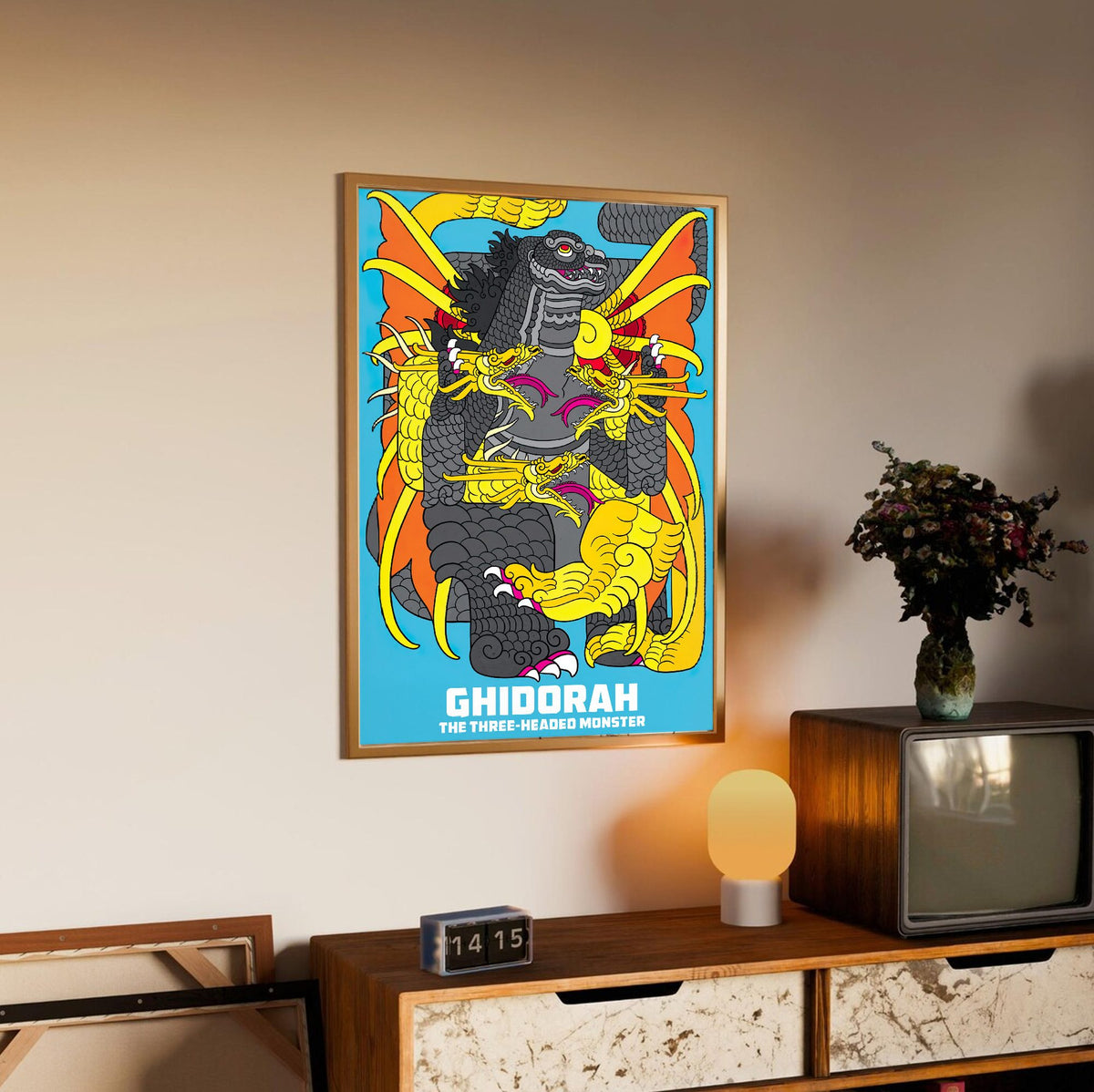Ghidorah, the Three-Headed Monster (1964) Movie Illustrated Art poster in an oak frame above a sideboard