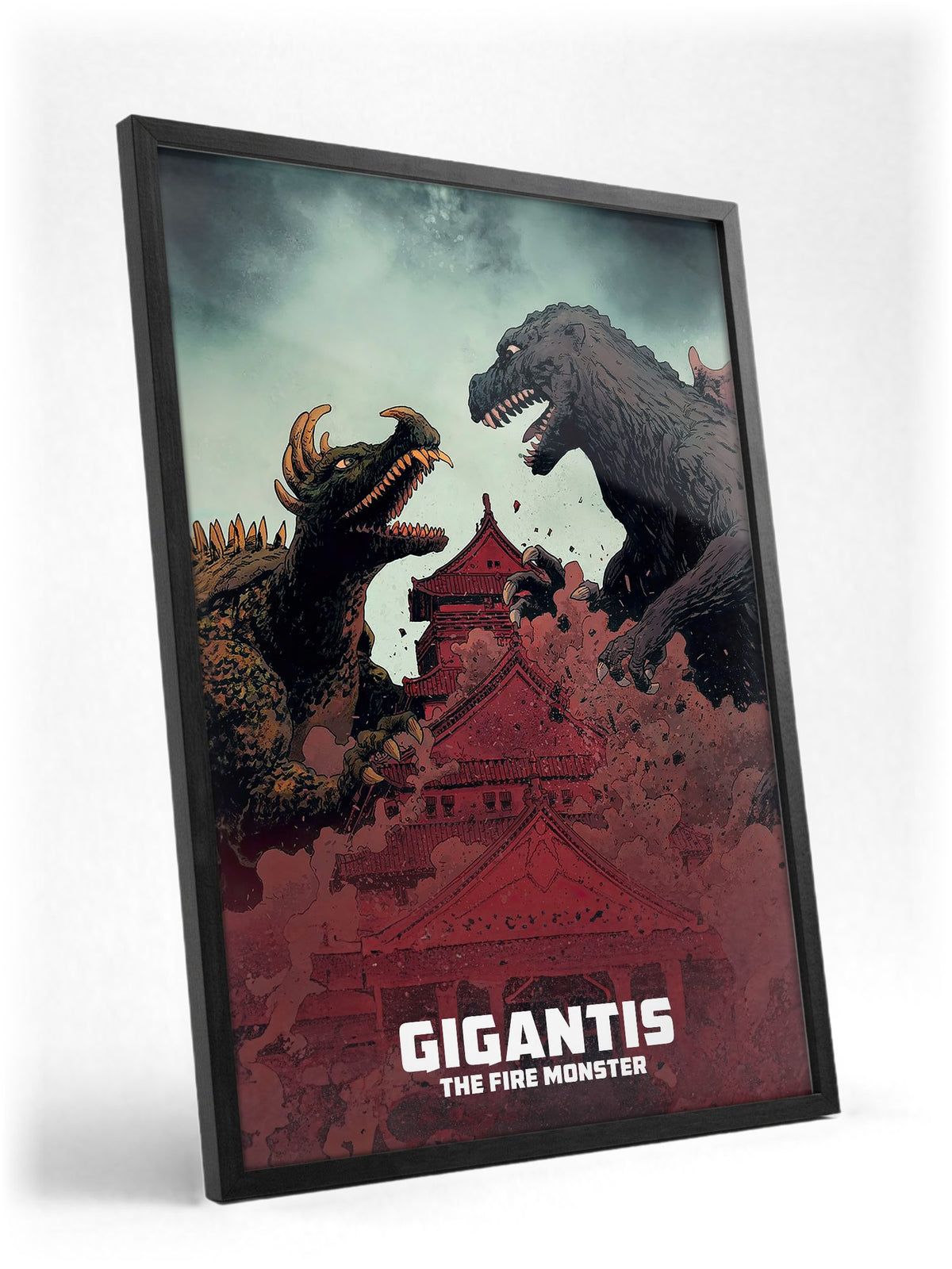 Gigantis, the Fire Monster (1959) Movie Illustrated Art poster in a black frame with glass leaning against a wall