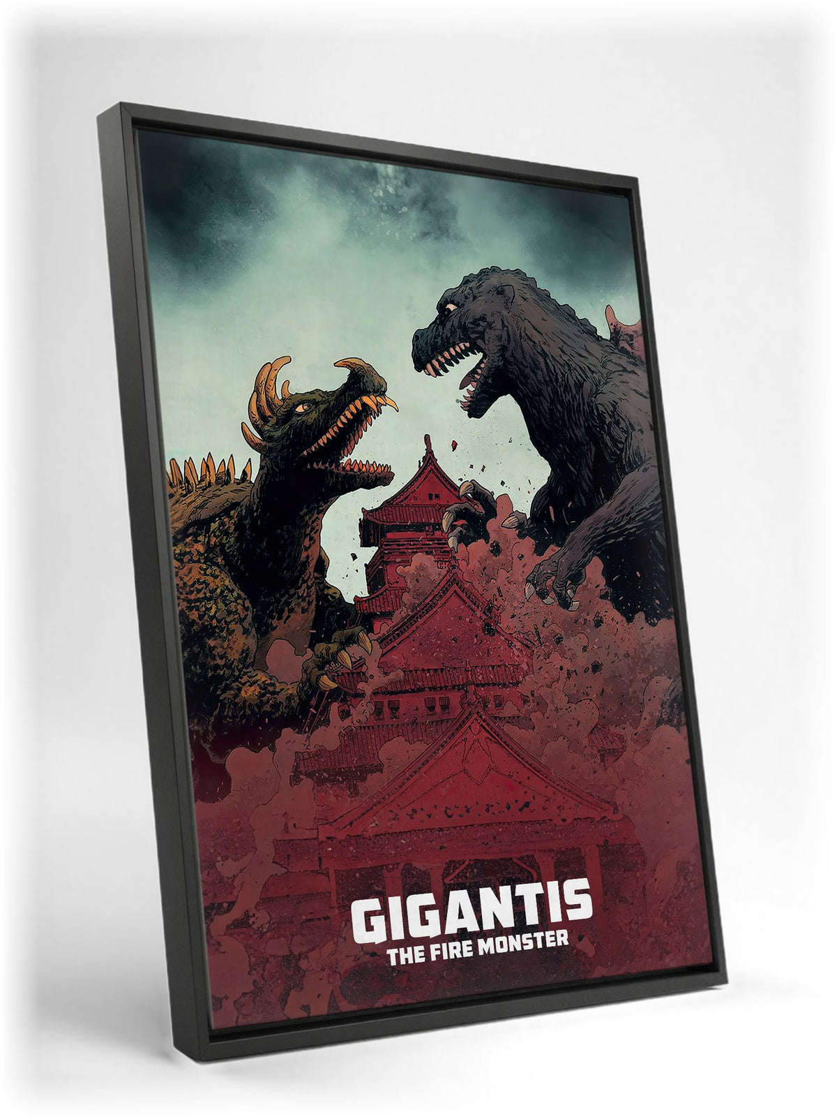 Gigantis, the Fire Monster (1959) Movie Illustrated Art as a black floater framed canvas leaning against a wall