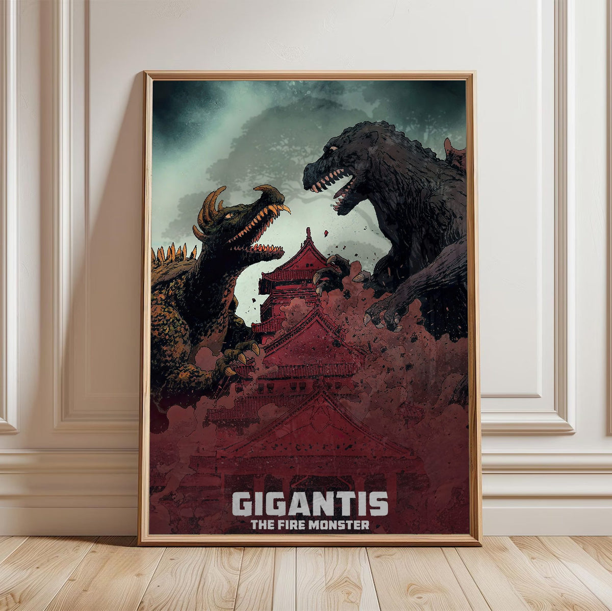 Gigantis, the Fire Monster (1959) Movie Illustrated Art poster in a light oak frame leaning against a white wall