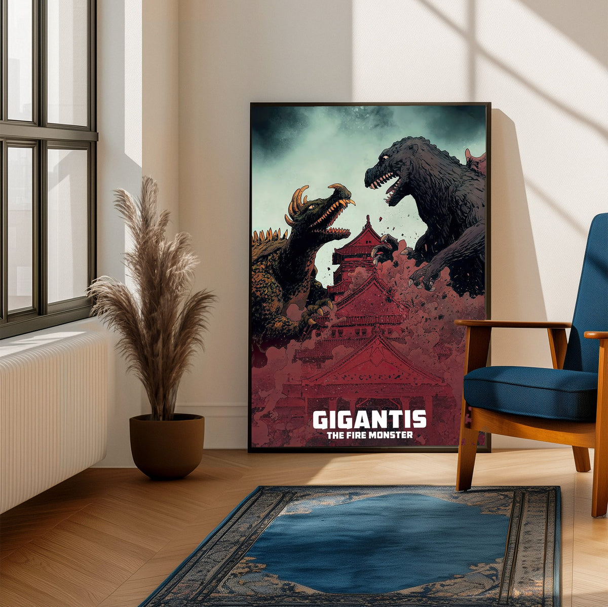 Gigantis, the Fire Monster (1959) Movie Illustrated Art poster framed beside a blue armchair in a sunlit room