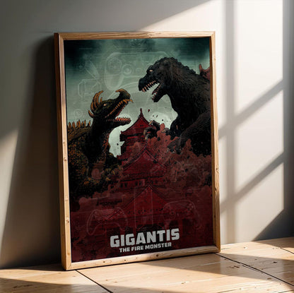 Gigantis, the Fire Monster (1959) Movie Illustrated Art poster in an oak frame leaning on a wooden floor