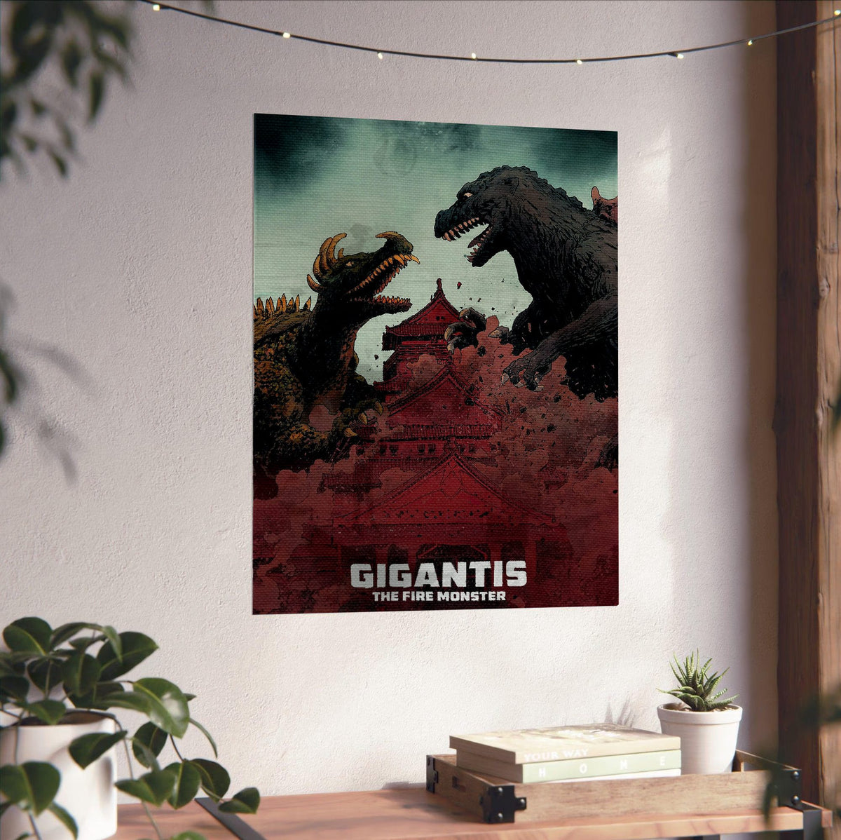 Gigantis, the Fire Monster (1959) Movie Illustrated Art poster unframed on a white wall above a desk