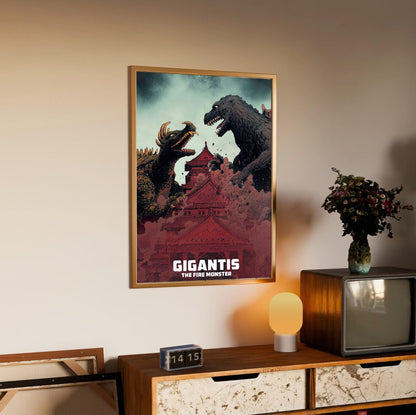 Gigantis, the Fire Monster (1959) Movie Illustrated Art poster in an oak frame above a sideboard