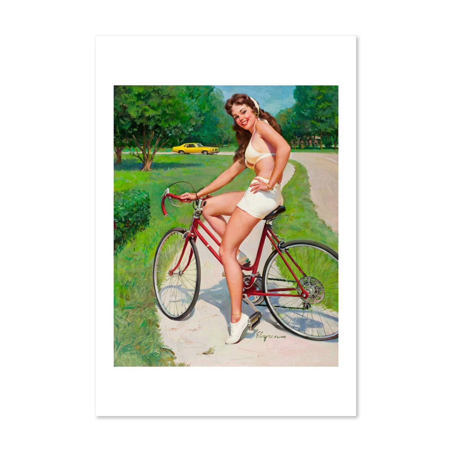 Girl on a Bicycle by Gil Elvgren, pin-up poster — framed print