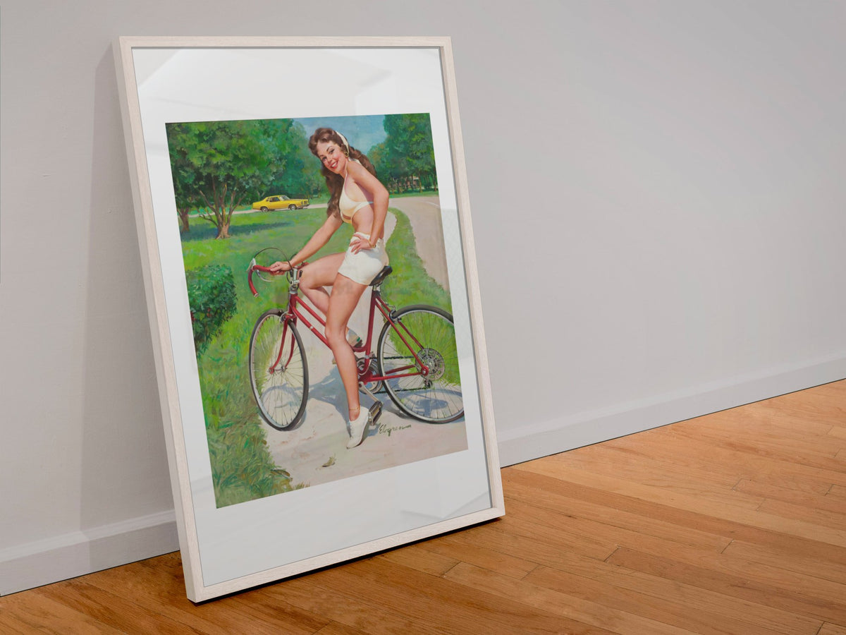 Girl on a Bicycle by Gil Elvgren, pin-up poster — leaning frame