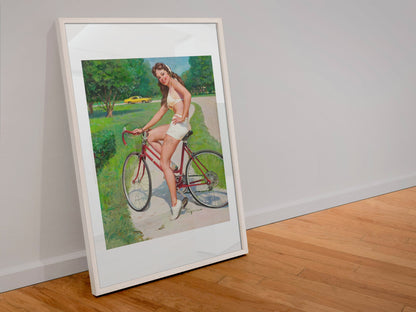 Girl on a Bicycle by Gil Elvgren, pin-up poster — leaning frame