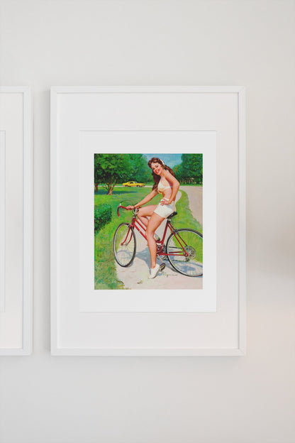 Girl on a Bicycle by Gil Elvgren, pin-up poster — gallery wall