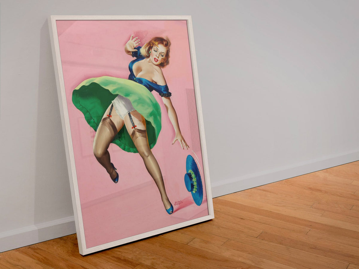 Girl with Dropped Hat poster in a white frame leaning against a wall