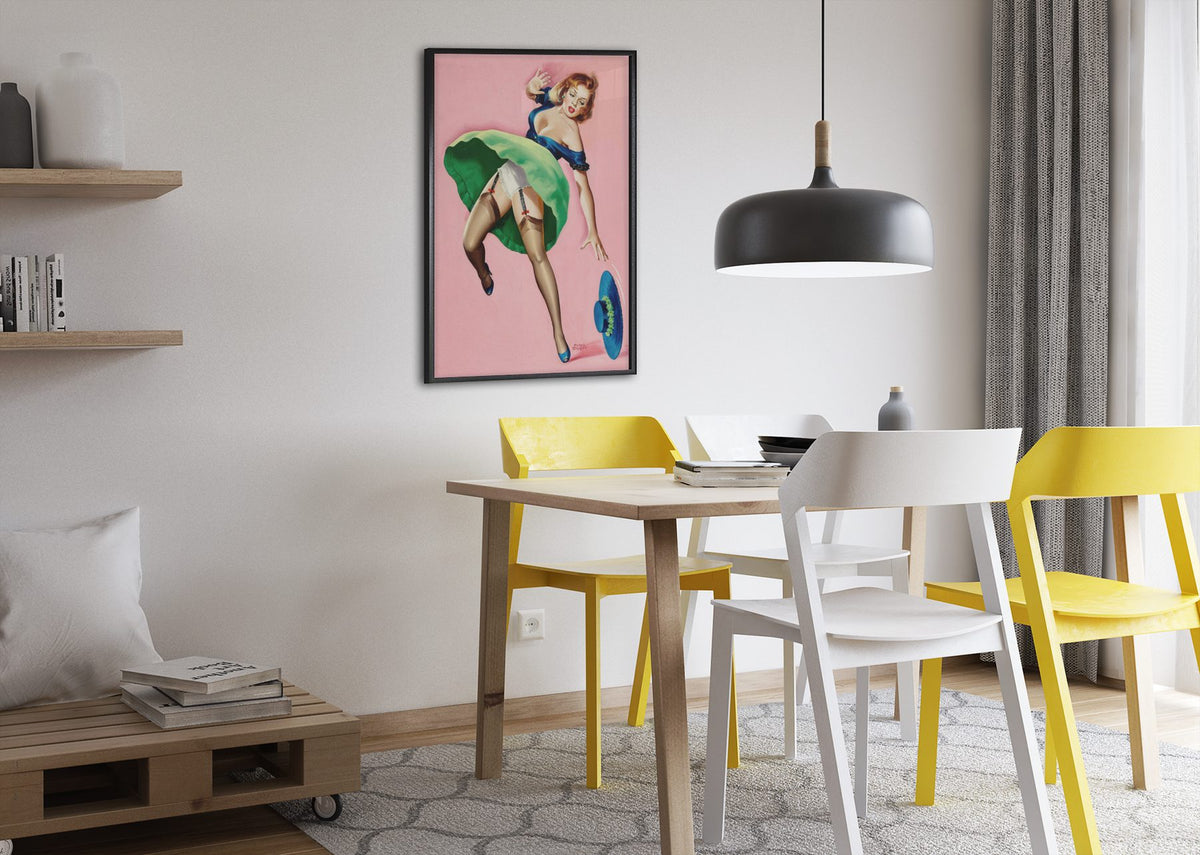 Girl with Dropped Hat poster framed above a dining table