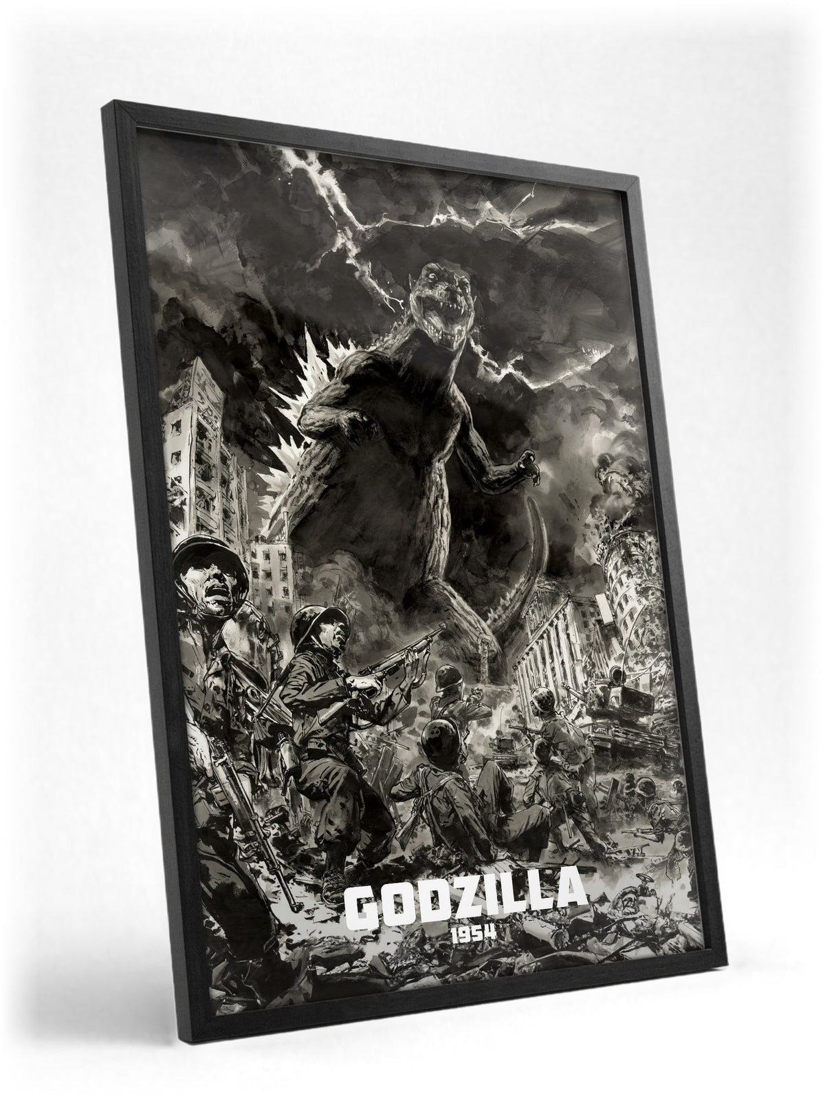 Godzilla (1954) Movie Illustrated Art poster in a black frame with glass leaning against a wall