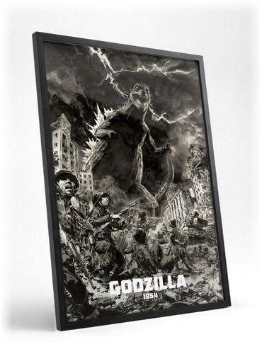 Godzilla (1954) Movie Illustrated Art poster in a black frame with glass leaning against a wall