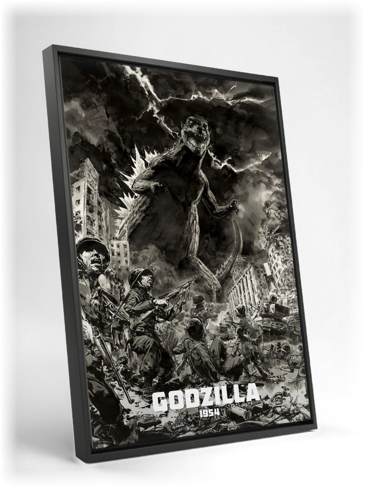 Godzilla (1954) Movie Illustrated Art as a black floater framed canvas leaning against a wall