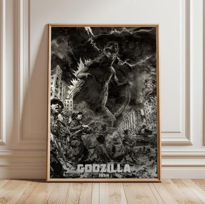 Godzilla (1954) Movie Illustrated Art poster in a light oak frame leaning against a white wall