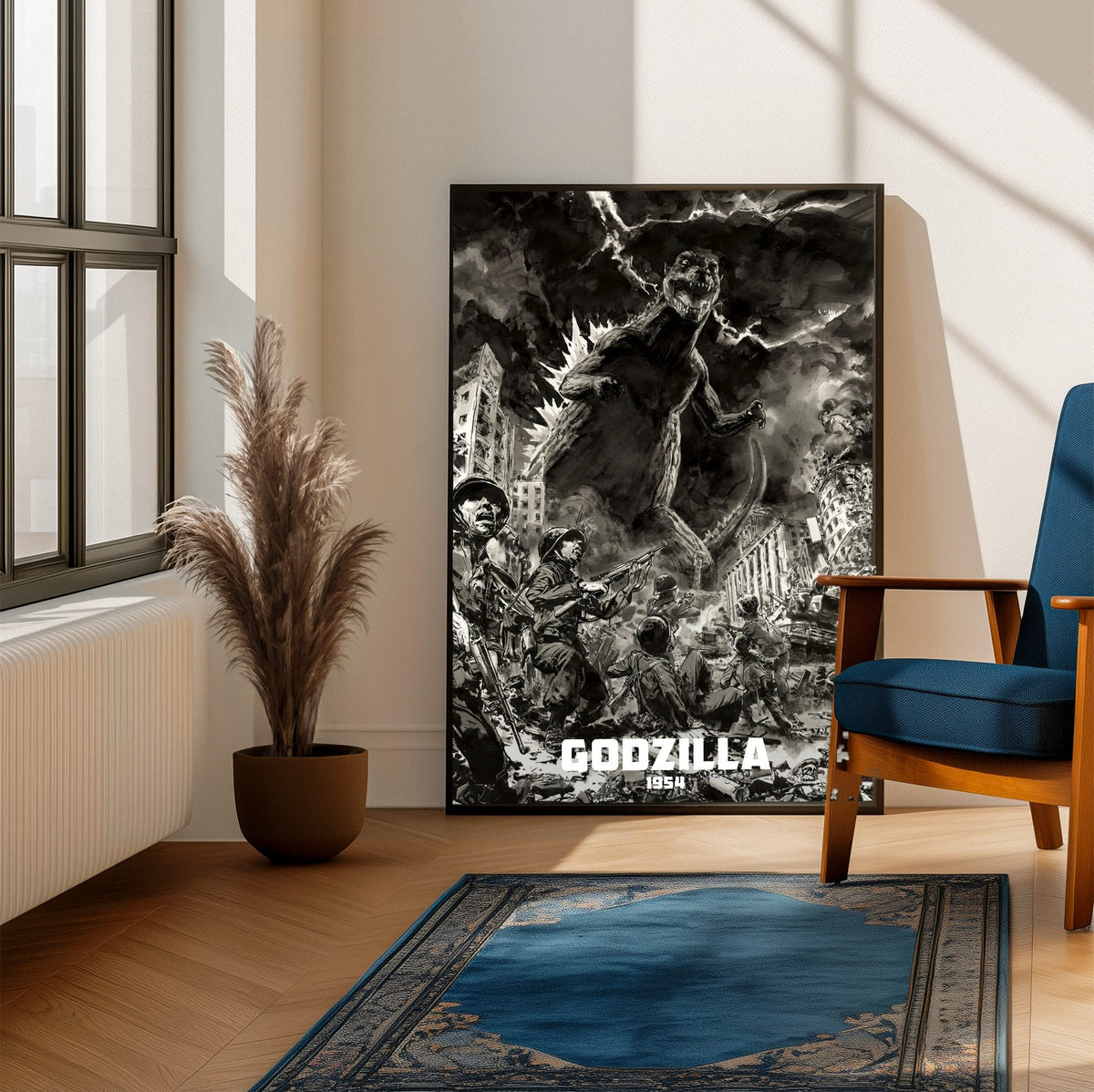 Godzilla (1954) Movie Illustrated Art poster framed beside a blue armchair in a sunlit room