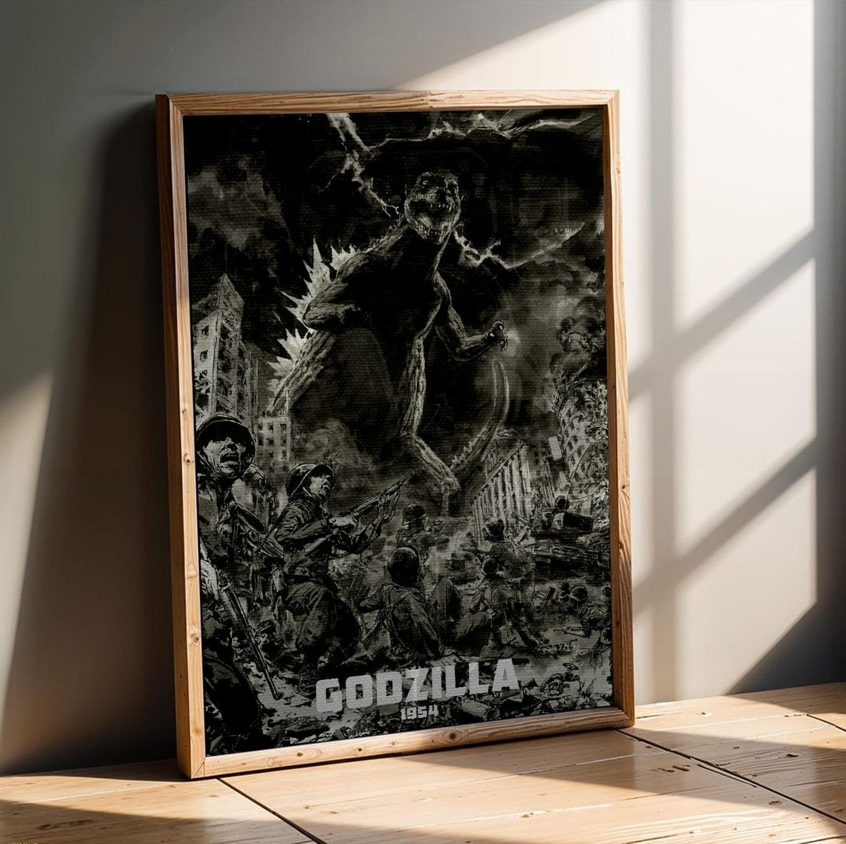 Godzilla (1954) Movie Illustrated Art poster in an oak frame leaning on a wooden floor