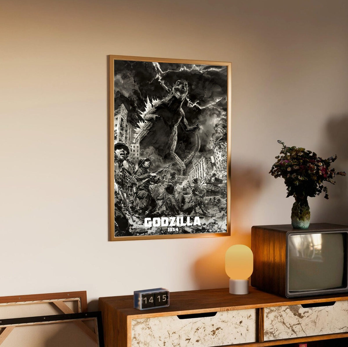 Godzilla (1954) Movie Illustrated Art poster in an oak frame above a sideboard