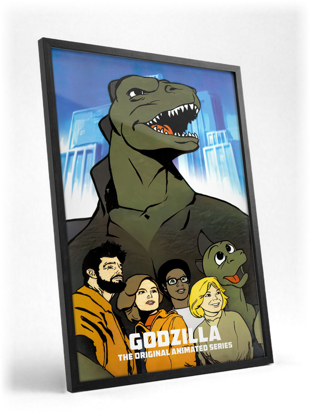 Godzilla (1978) Animated Series Art poster in a black frame with glass leaning against a wall