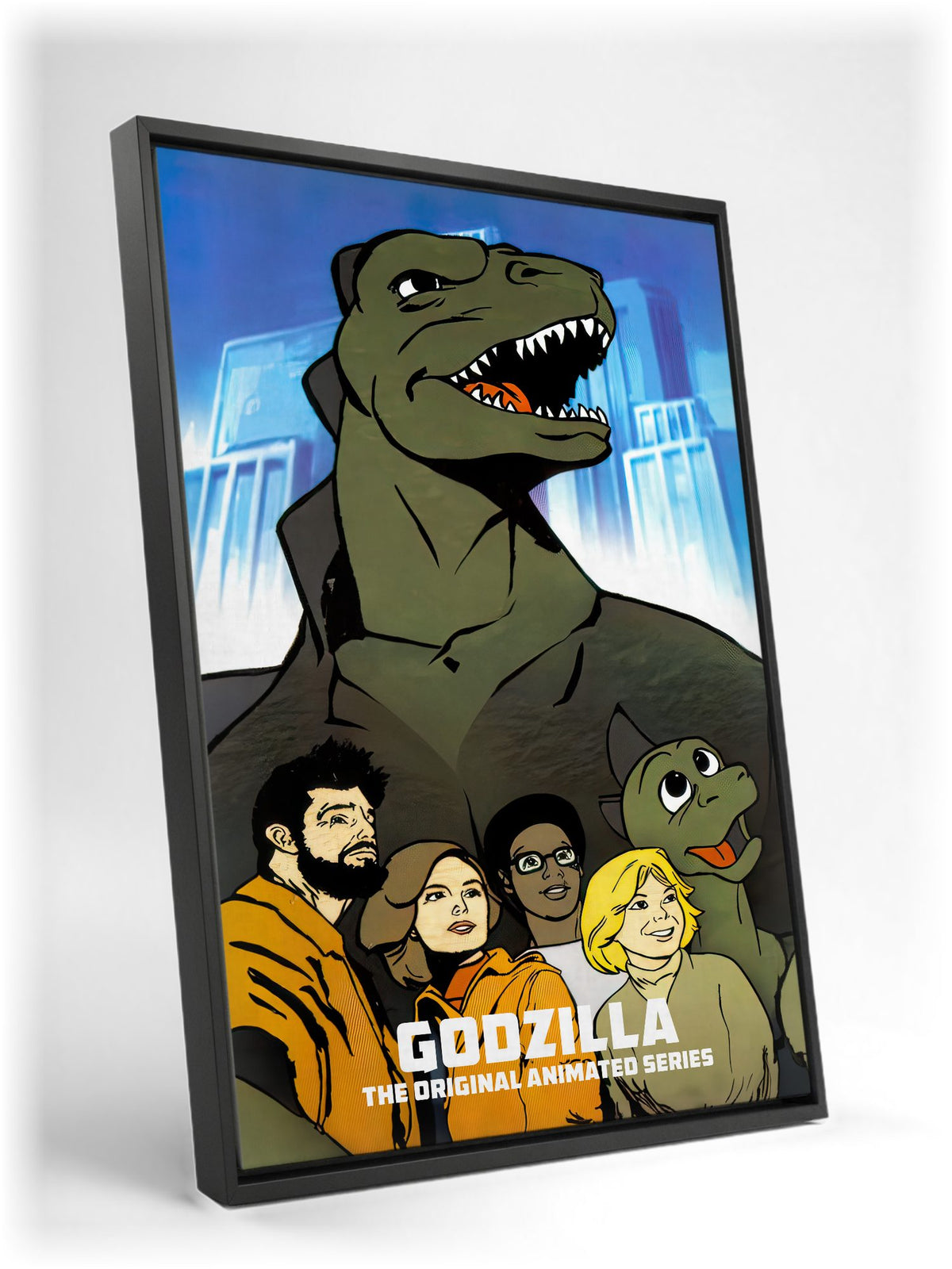 Godzilla (1978) Animated Series Art as a black floater framed canvas leaning against a wall